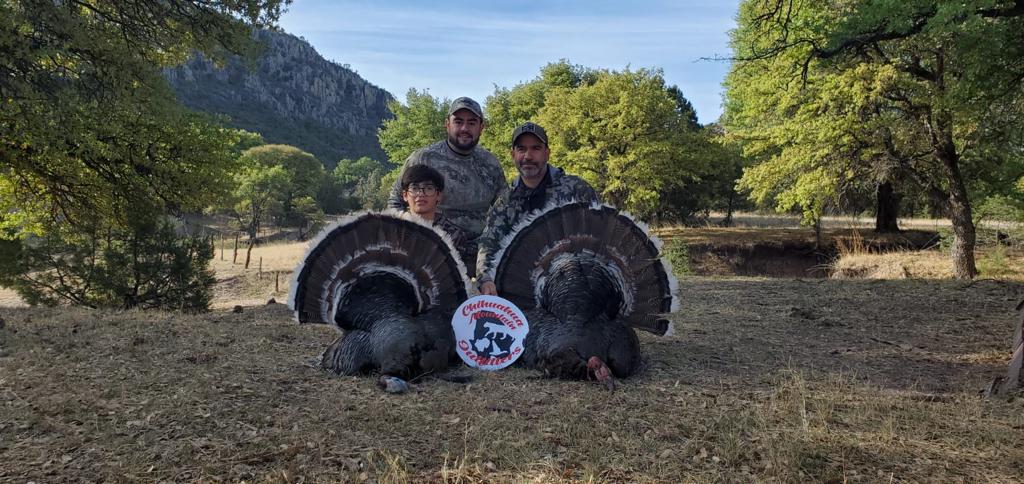 Three hunters with two Gould's turkeys