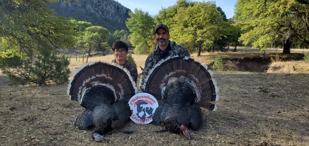 Father-and-son with two Gould's turkeys