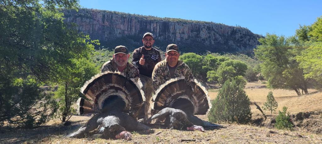 Hunters with two Gould's turkeys, mesa behind