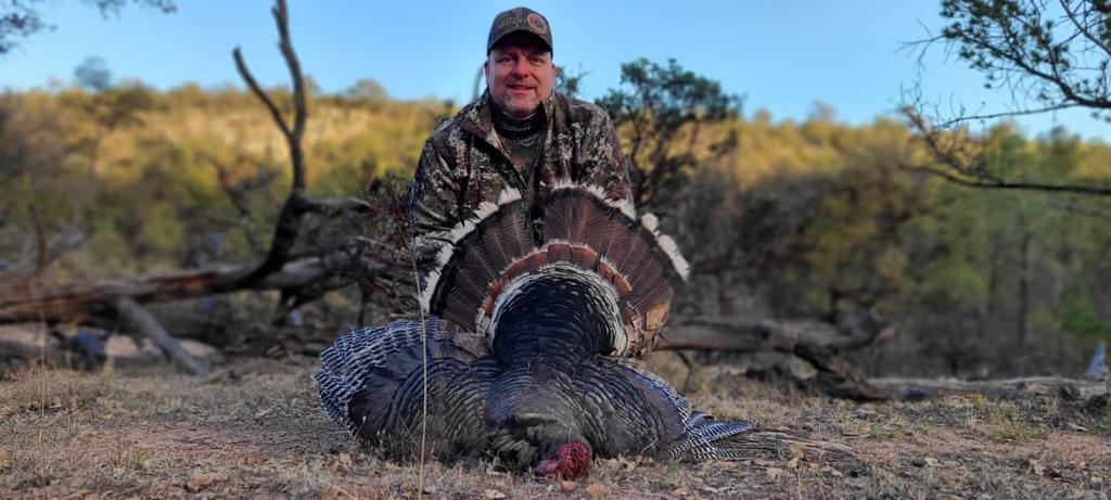 Hunter with a fanned Gould's turkey